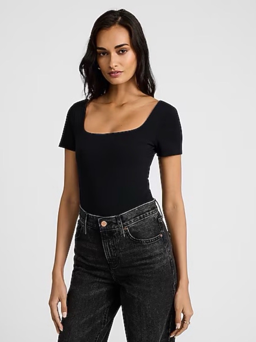 Express Body Contour Ribbed Black Square-Neck Bodysuit